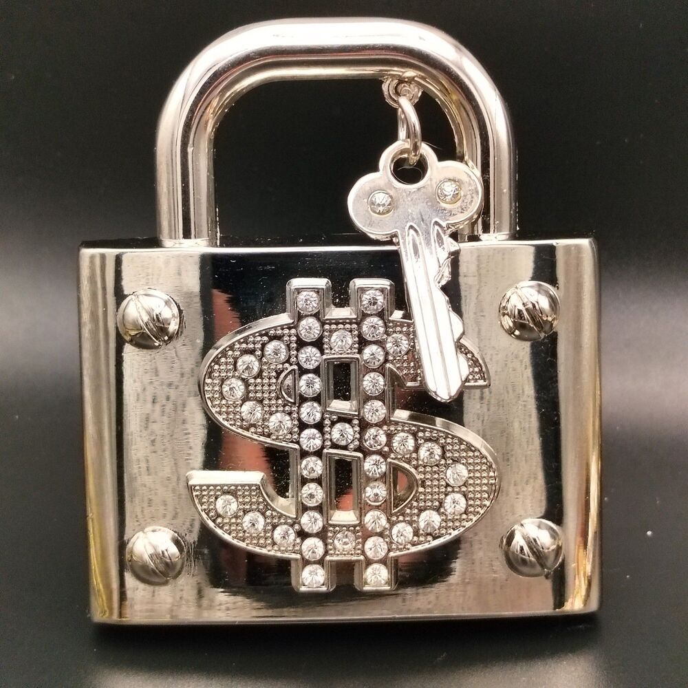 Silver Rhinestone Dollar Sign Padlock Belt Buckle with Key Charm Men's Bling